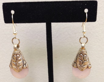 Tibetan Earrings Silver Handmade Handcrafted Pink Rose Quartz Dangle Etched Silver Teardrop Gift for Her Jewelry Earrings Birthday