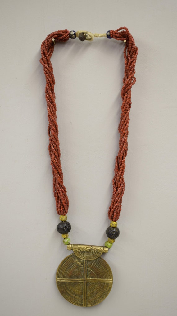 Brass Pendant Red Glass Beads Nage Northern India Handmade Tribal