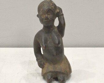 African Statue Old Baule Tribe Female Carved Wood Statue
