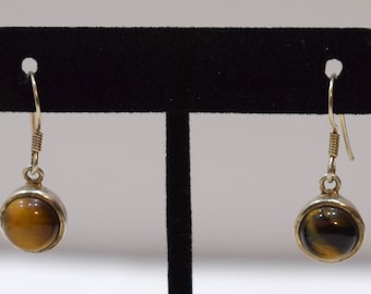 Earrings Sterling Silver Tiger Eye Round Stone 30mm