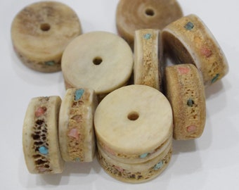 Beads Chinese Bone Inlaid Turquoise Coral Rondelles 15mm