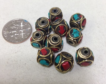 Beads Tibetan Brass Coral Turquoise Beads 10mm
