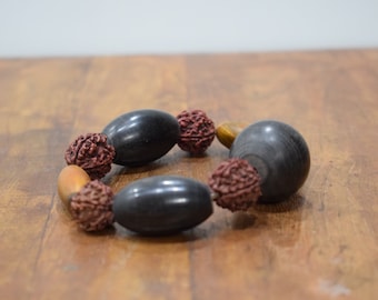 Bracelet Black Horn Rushska Nut Wood Bead Stretch Bracelet