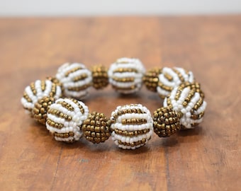 Bracelet Beaded Gold White Elastic Bracelet