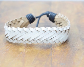 Bracelet Leather White Flat Woven Tie Bracelet