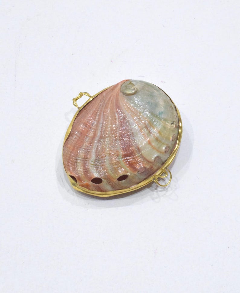 May include: An abalone shell pendant featuring a natural iridescent surface with pink, green, and cream tones. The shell is encased in a thin gold-toned metal frame with two small circular loops attached to the sides for hanging or attachment.