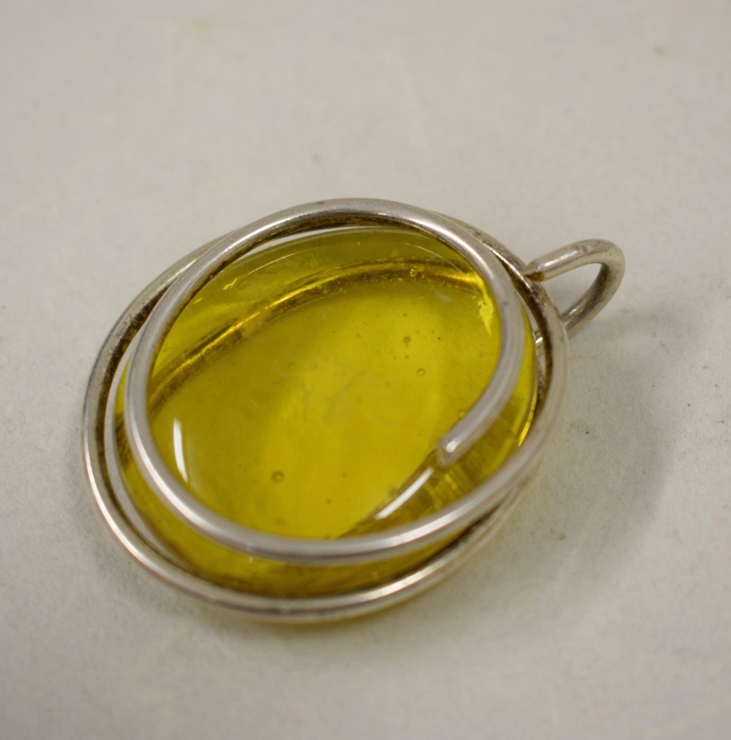 Pendant Silver Large Round Yellow Colored Glass Handmade Glass Silver ...