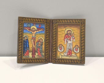 African Ethiopian Orthodox Altar Icon Painted Wood Leather Cover