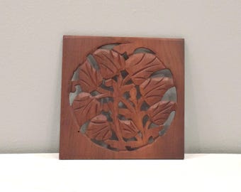 Indian Hand Carved Teak Wood Screen Panel Piece Geometric Floral Design