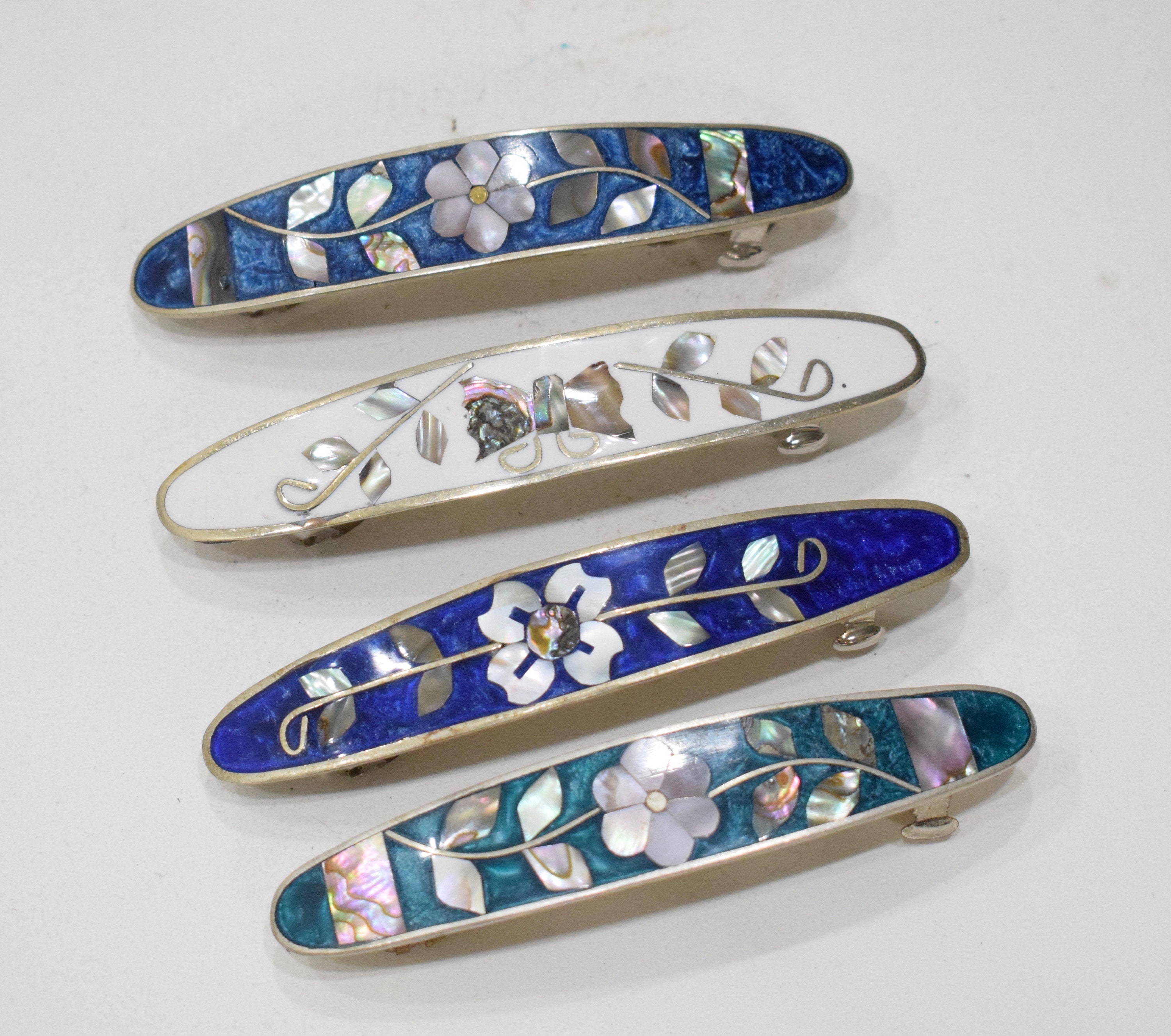 Barrette Hair Assorted Color Flower Inlaid Mother of Pearl Silver Hair