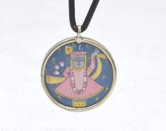 Hindu God Vishnu Silver Hand Painted Pendant