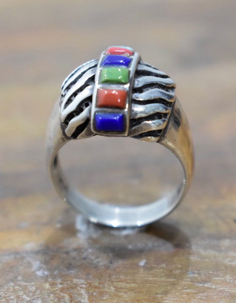 Ring Sterling Silver Inlaid Stone Silver Dome Ring