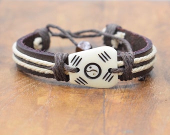 Bracelet Brown Leather Beige Hemp Etched Bone Tie Bracelet