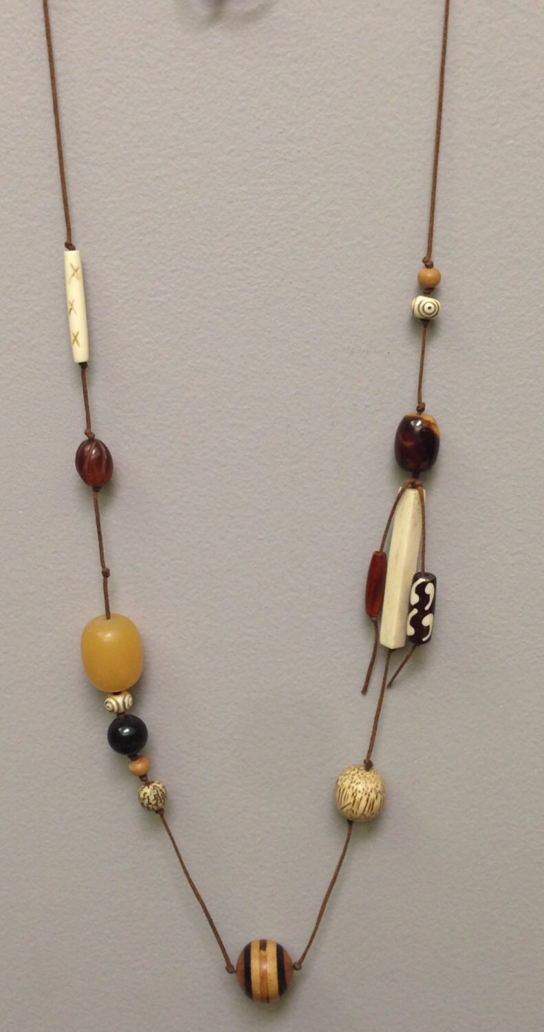 Indonesian Necklace Cord Handmade Natural Beads Horn Wood Amber Tribal