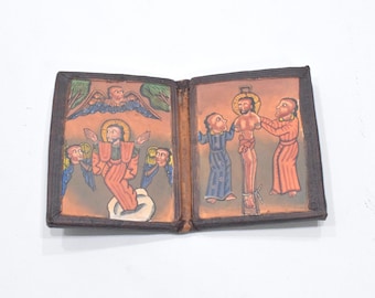 African Ethiopian Orthodox Altar Icon Painted Wood Leather Etched Case