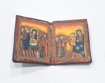 African Ethiopian Orthodox Altar Icon Painted Wood Leather Etched Case
