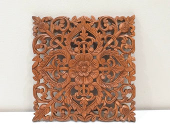 Thailand Hand Carved Wood Relief Flowers Decorative Panel