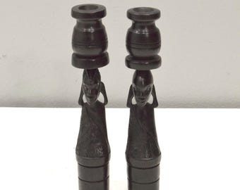 African Candle Stick Pair Ebony Wood Abstract Design Tanzania