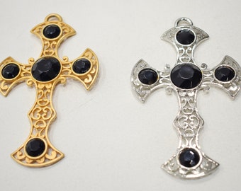 Beads Cross Black Stone Ornate Silver & Gold Cross