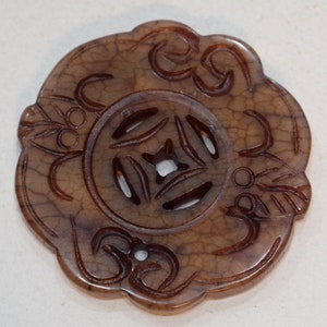 Beads Chinese Serpentine Golden Brown Medallion Pendant Vintage 50mm