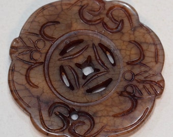 Beads Chinese Serpentine Golden Brown Medallion Pendant Vintage 50mm