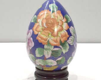 Chinese Flower Design Cloisonne Egg on Stand  8.5"