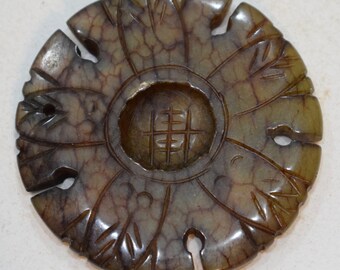 Beads Chinese Serpentine Olive Brown Medallion Pendant Vintage 48mm