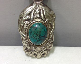 Tibetan Silver Turquoise Flower Pendant