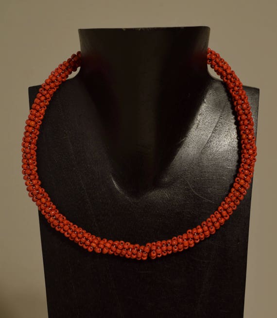 Necklace Indonesian Red Glass Beaded Handmade Gla… - image 1