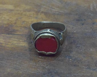 Middle Eastern Silver Red Glass Kuchi Ring Size 9
