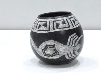 African Black White Etched Gourd Bowl Kamba Kenya