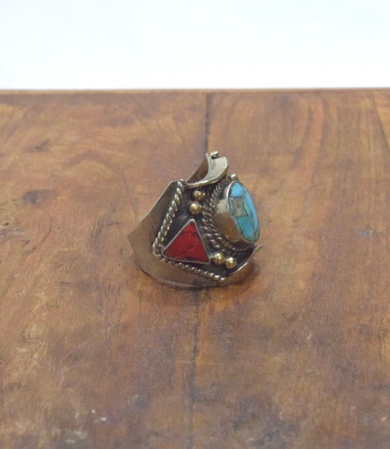 Tibetan Silver Turquoise Coral Ring - image 3