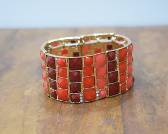 Bracelet Orange Red Faceted Gold Stretch Bracelet