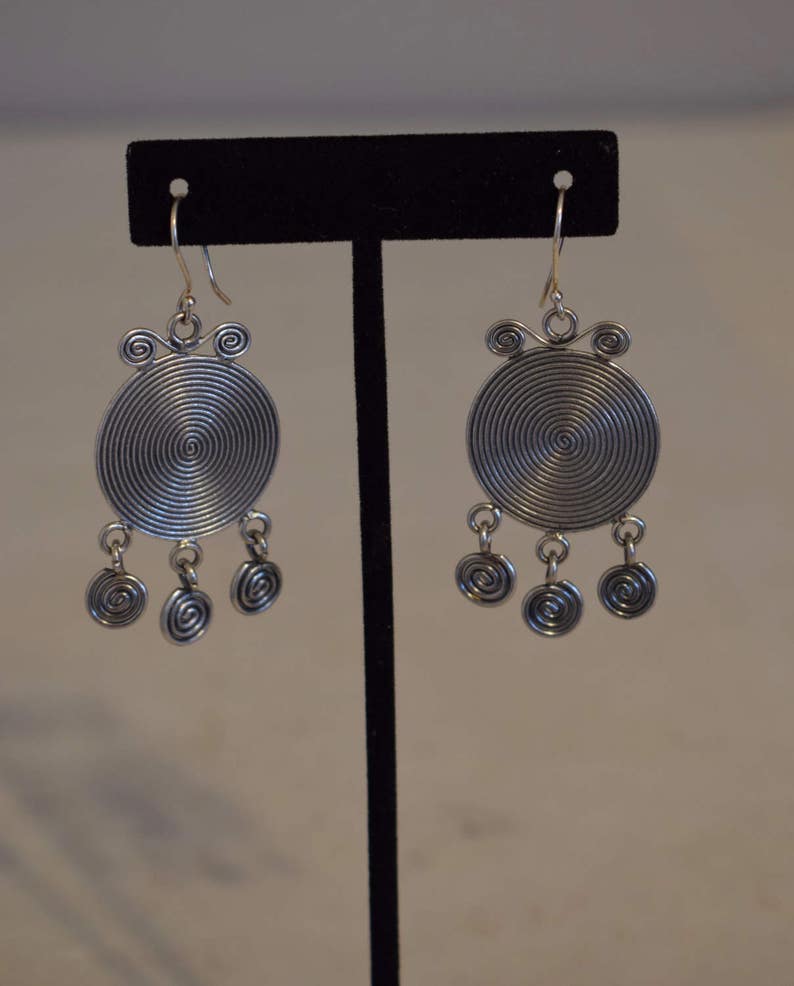 Earrings Silver Miao Hmong Etched Round Etched Coil Dangle Hill Tribe Handmade Triangle Round Coil Dangle Tribal Silver Earrings