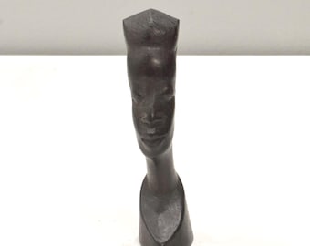 African Female Bust Ebony Wood Carved Sculpture Tanzania