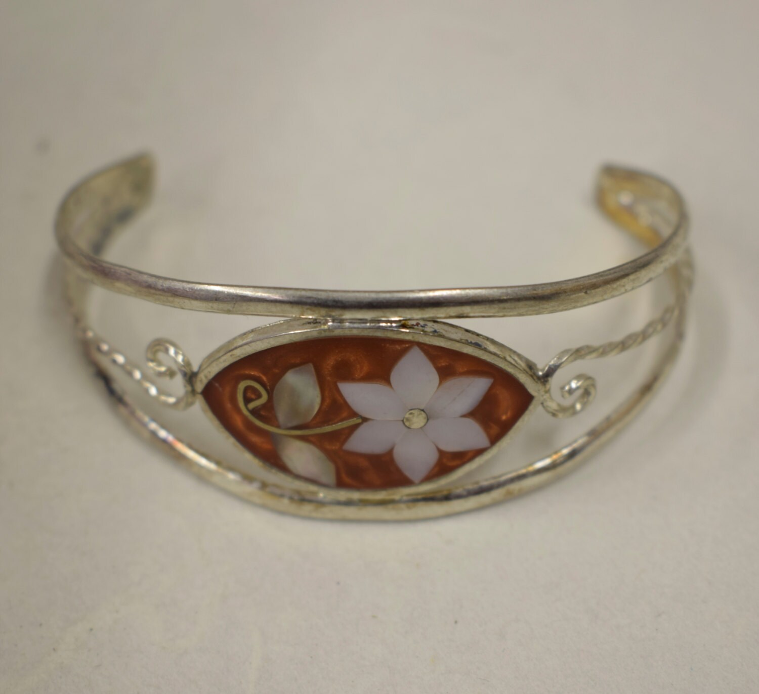 Bracelet Silver Wrist Cuff Shell Mother Pearl Flowers Orange Enamel