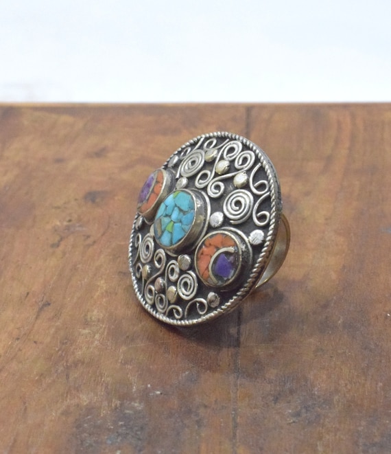 Tibetan Silver Coral Turquoise Ring - image 2