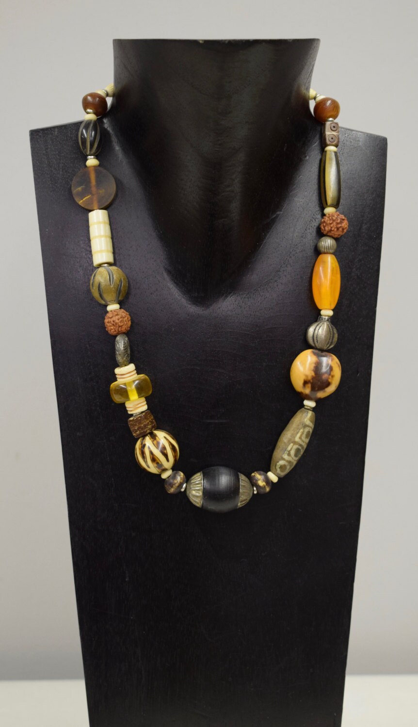 Necklace Vintage Philippine Wood Lumbang Nut Glass Silver Beads