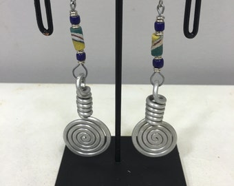 Earrings African Aluminum  Double Coiled Blue Yellow Sandcast Bead Masai Beaded Earrings Handmade Aluminum Women Earrings Unique Tribal E69