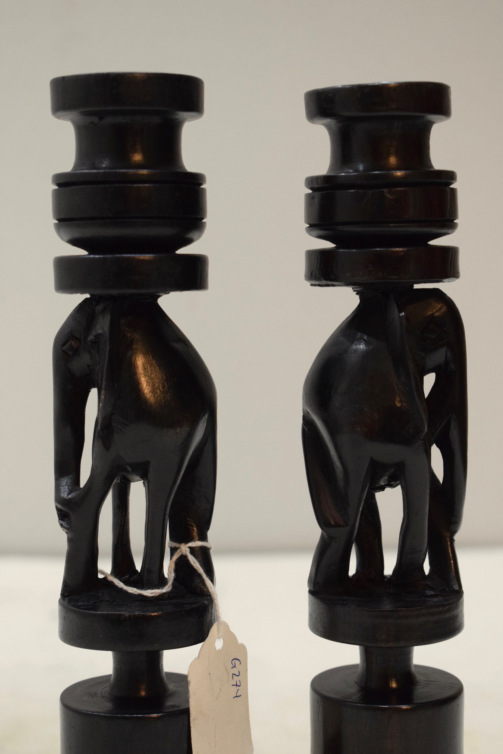 African Candle Holders Pair Ebony Wood Elephant Design Tanzania Candle