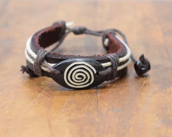 Bracelet Brown Leather Beige Hemp Brown Batik Bone Tie Bracelet