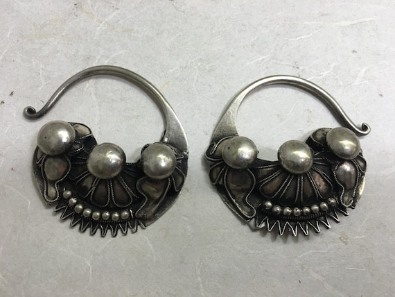 Earrings Silver Miao Hill Tribe Etched Silver Hoo… - image 1