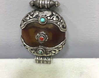 Tibet Pendant Silver Amber Coral Turquoise Handmade Handcrafted Amber Red Turquoise Silver Necklace Jewelry Gift for Her Gift for Him