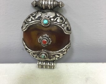 Tibet Pendant Silver Amber Coral Turquoise Pendant