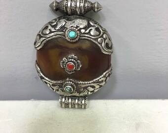 Tibet Pendant Silver Amber Coral Turquoise Handmade Handcrafted Amber Red Turquoise Silver Necklace Jewelry Gift for Her Gift for Him