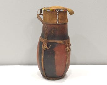 African Turkana Tribe Milk Container Wood Leather Jug
