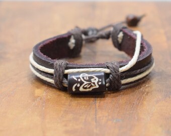 Brown Leather Hemp  Bone Butterfly Tie Bracelet