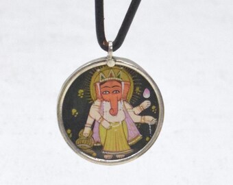 Hindu Elephant God Ganesha Silver Hand Painted Pendant