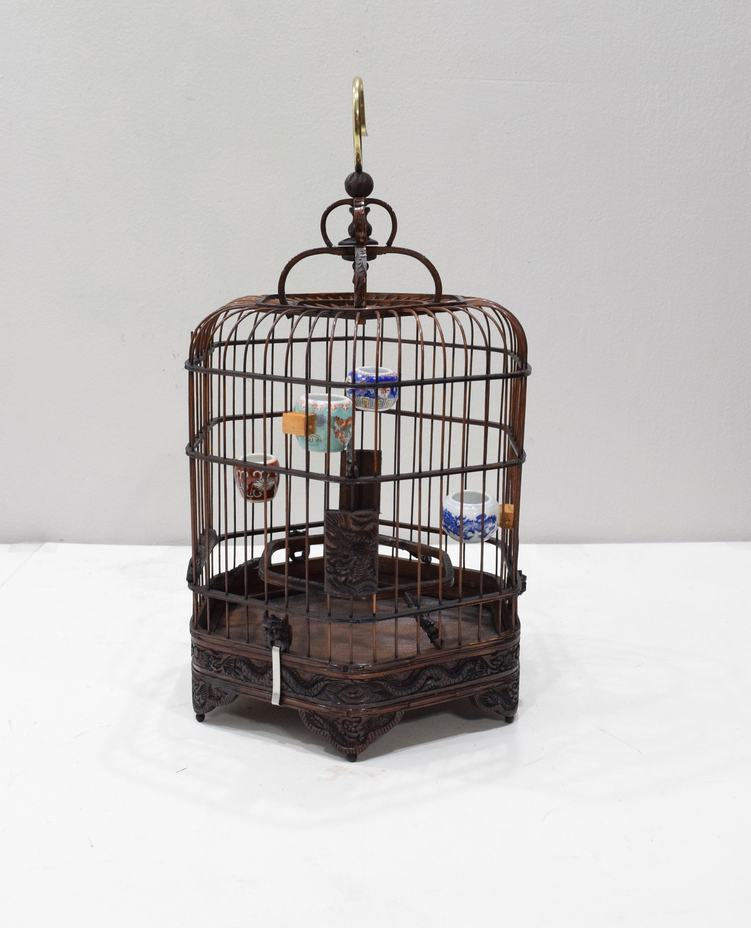 Birdcage Chinese Wicker Hexagon Birdcage Porcelain Water Food Bowls