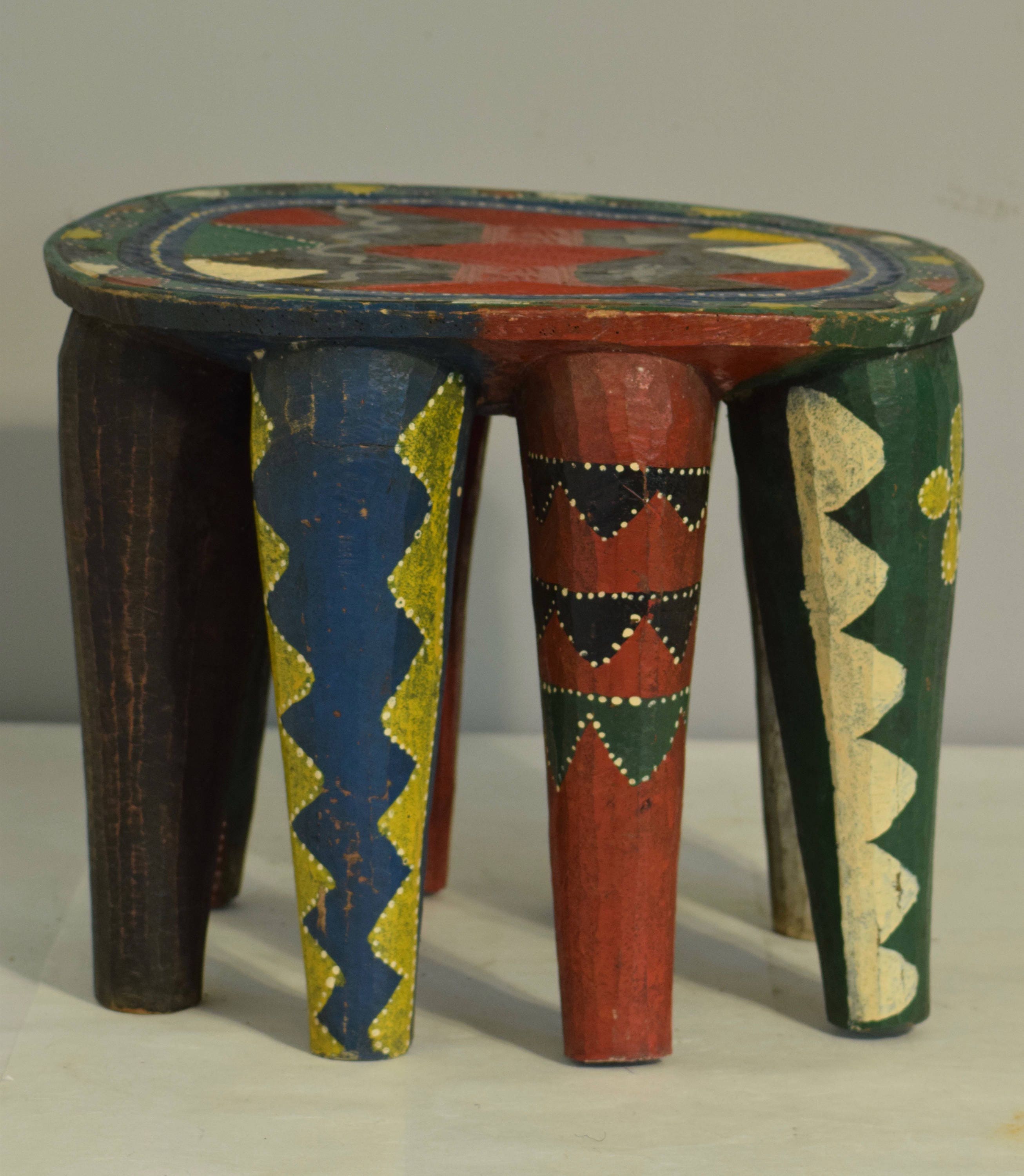 African Stool African Nupe Painted Wood Carved Nigeria Colorful Home Yellow Red Green Furniture